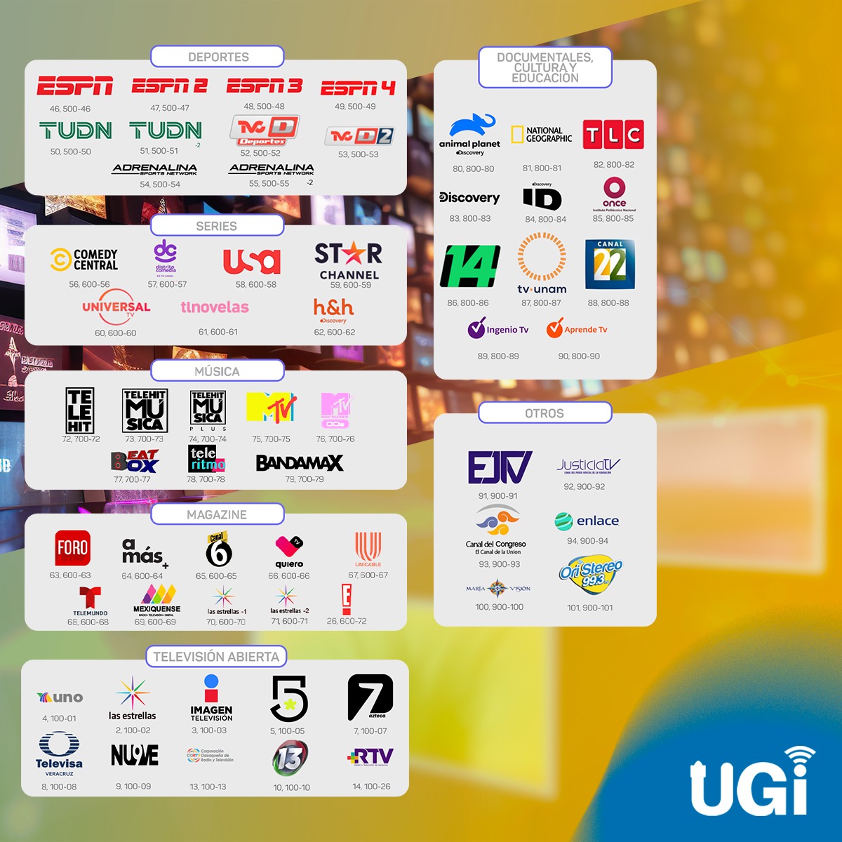 Lista de canales de la programación UGI junto con sus logotipos