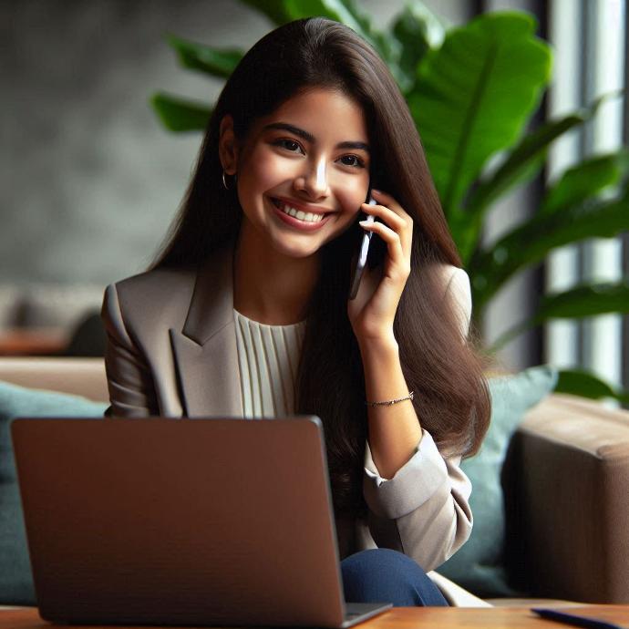 Cliente sonriente hablando por teléfono mientras usa una computadora portátil.