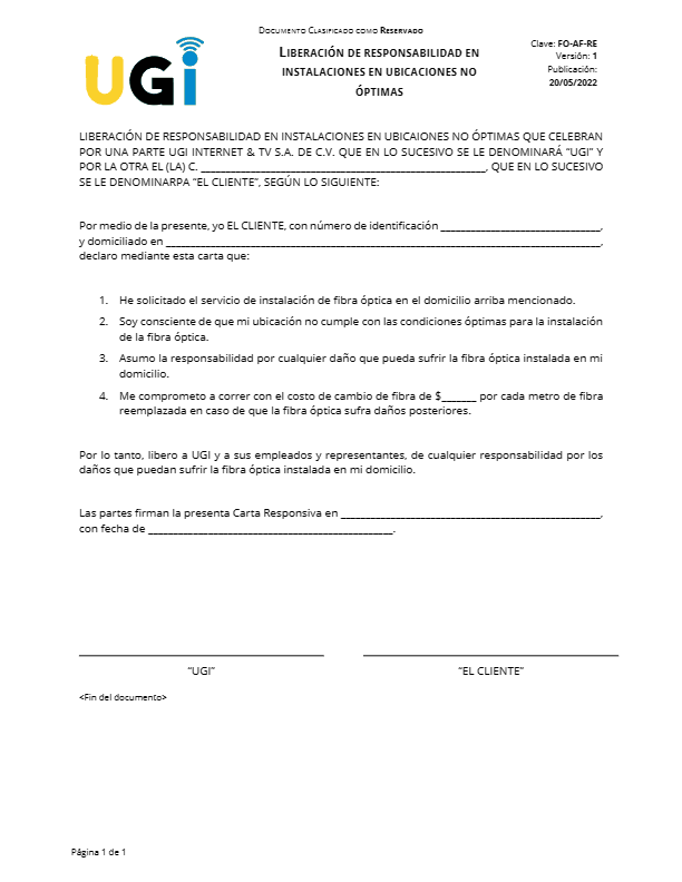 Liberación de responsabilidad en instalaciones en ubicaciones no óptimas