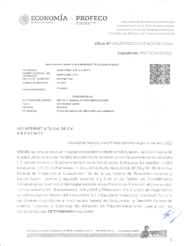 Contrato de Adhesión - UGI Internet y TV 411-2022